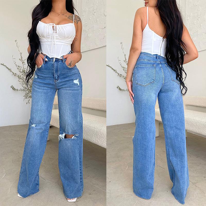 Jeans a Vita Alta Larghi Gamba Dritta Vestibilità Regolare Denim Vintage Strappato Pantaloni Jeans Lunghi Casual