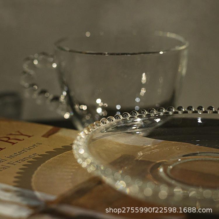 Mittelalterlicher Stil Transparenter Glasperlengriff Glasbecher Methode Kaffeetasse Untertasse Milchbecher Wasserbecher Mädchenherz Schlicht