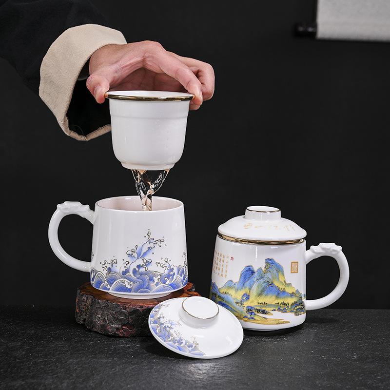 Suet Jade Porcelain Ceramic Mug with Lid Filter Tea Separation Tea Office Cup High-end Business Gift