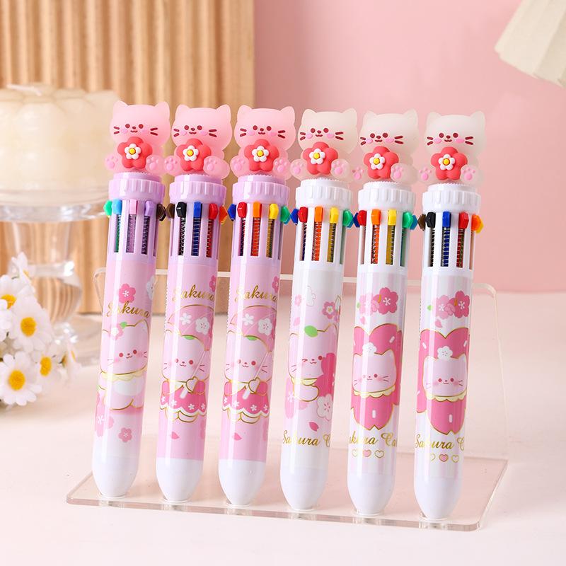 36Pcs Cherry Blossom Cat 10 in 1 Multicolor Ballpoint Pen, 0.5mm Colorful Ink Retractable Pen for Party Favors Office Gift Carnival Reward Supplies