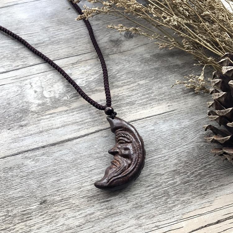 Retro Hand-carved Mahogany Long Necklace Women's Fashion Temperament Cotton and Linen Clothing Sweater Chain Accessories