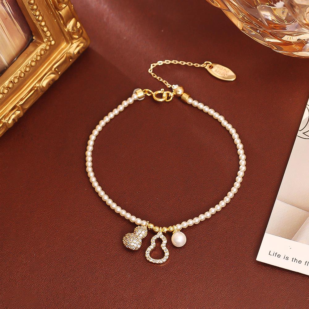 Chinese Fortune Gourd Pendant Pearl Necklace & Bracelet Set: High-End Elegant Collarbone Chain