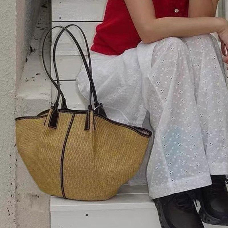 

Vintage Natural Lafite Grass Woven Tote Bag New Large Capacity Versatile Travel Shopping Bag Vacation Beach Bag бежевый