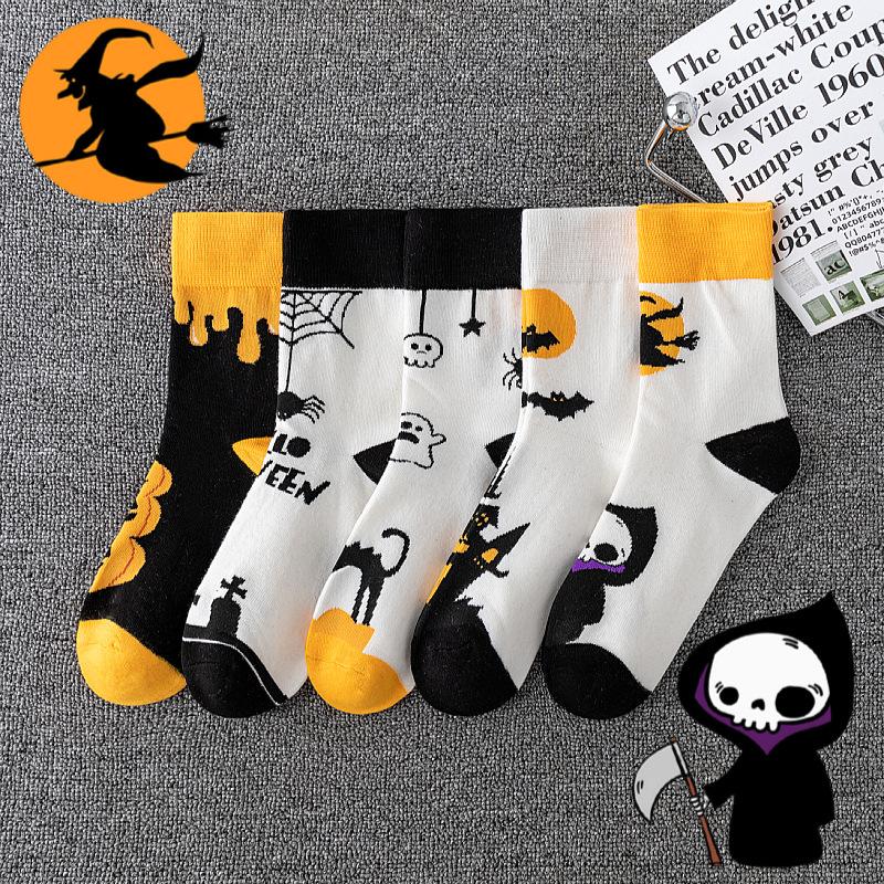 Warm Autumn Winter Halloween Cartoon Funny Socks Pumpkin Witch Motif Design Mid Tube Sports Socks Versatile for Men and Women