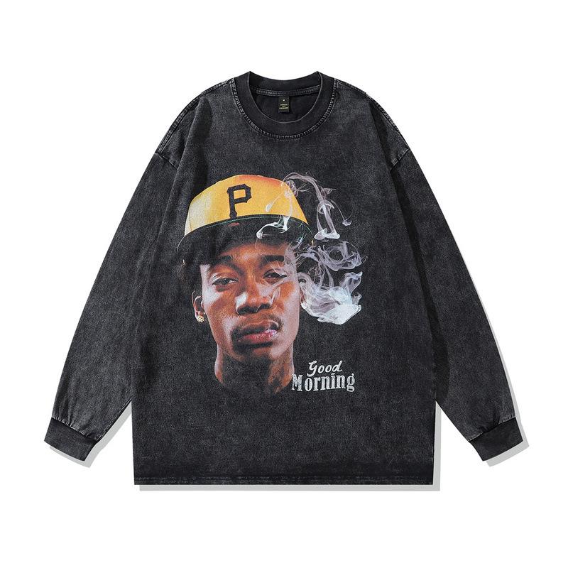 Harajuku Street Retro Trendy Brand Washing Water Old Long-Sleeved T-Shirt Men And Women Oversize Hip-Hop Couple Top