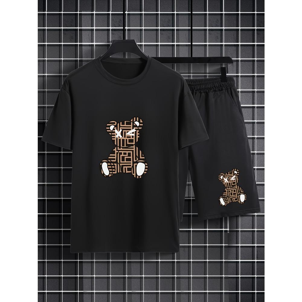 Summer Men's Fashion Casual Sports Set Loose-Fit Trendy Doll Graffiti Print Crew Neck Short Sleeve Two-Piece Set with Shorts