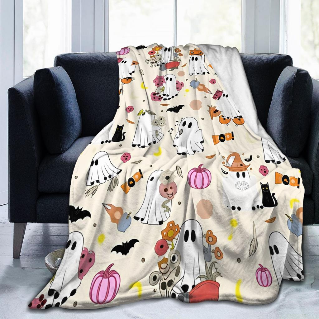 Fall Halloween Ghost Pumpkin Blankets Flannel Print Portable Lightweight Thin Throw Blanket for Sofa Car Plush Thin Quilt