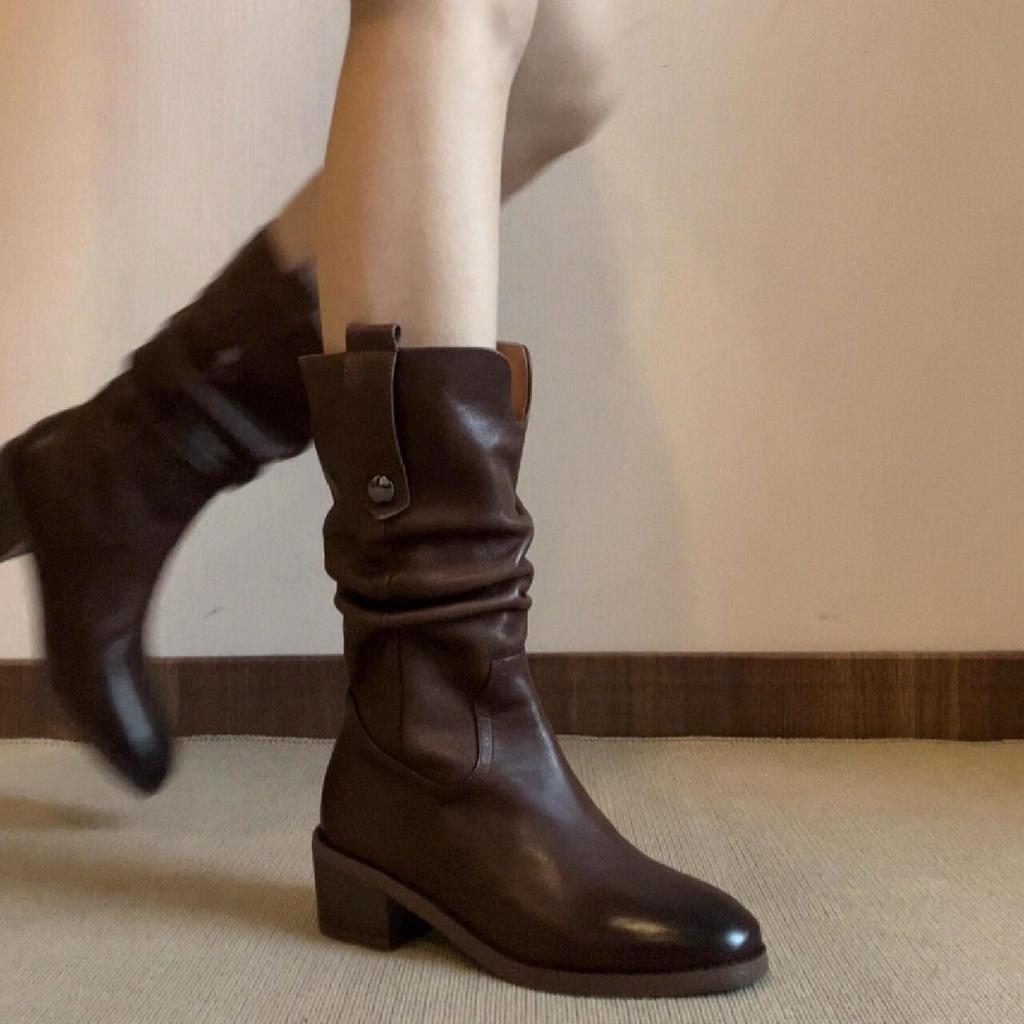 ~ Cowhide Brown Western Cowboy Boots Medium Heel Knight Boots Pile Boots Leather Medium Boots Martin Boots Women