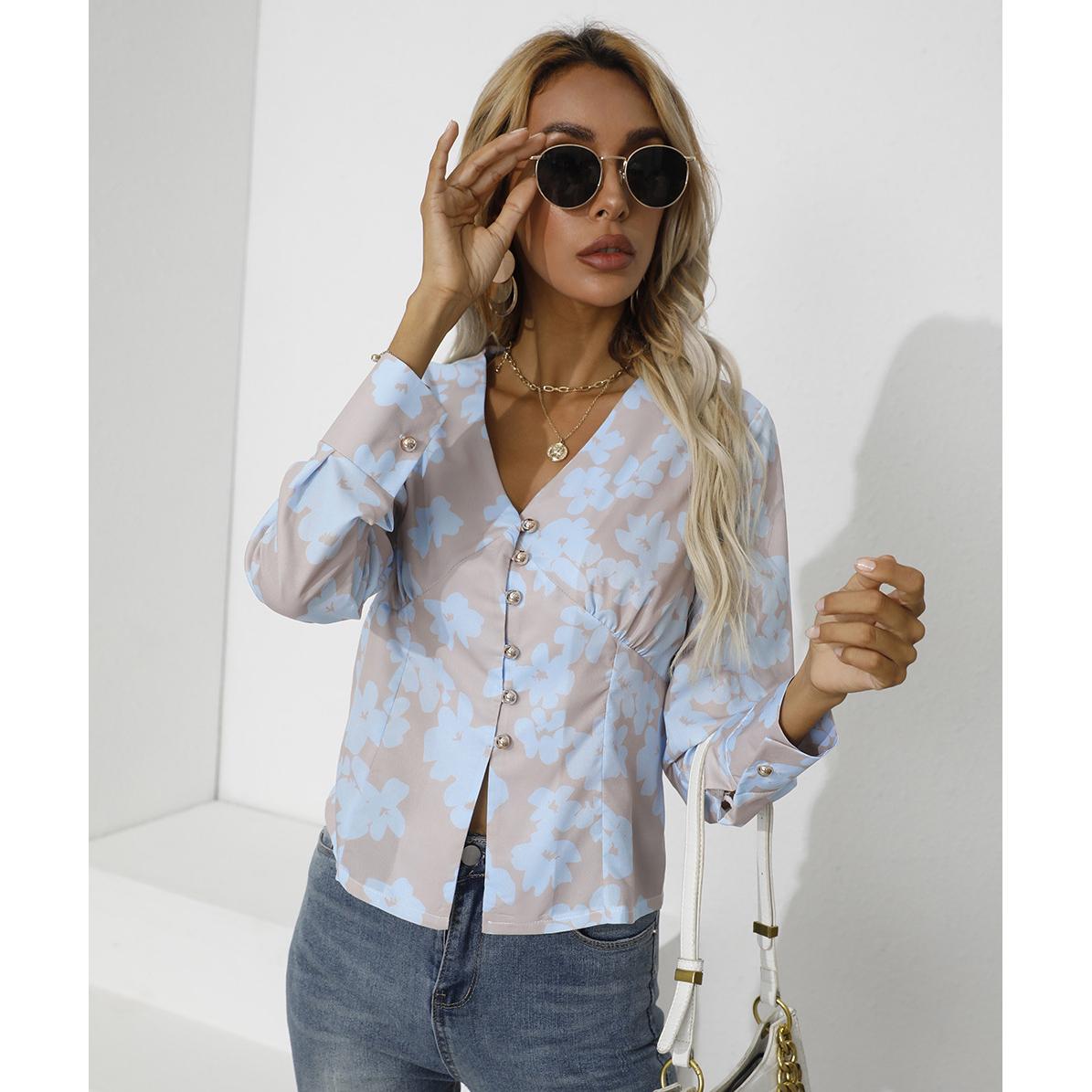 

Рубашка однобортная с V-образным вырезом и длинными рукавами с осенним принтом XXL синий