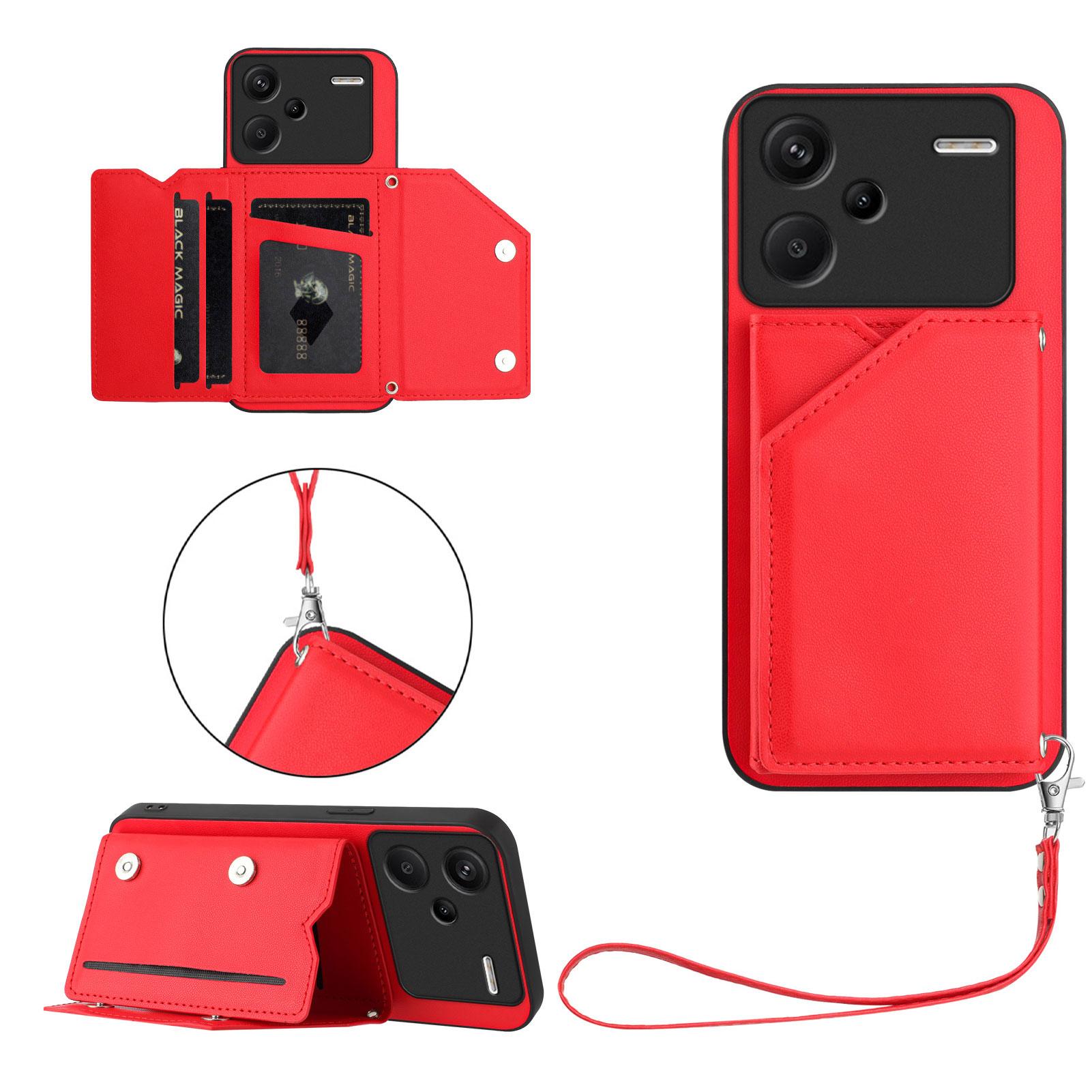 

For Xiaomi Redmi Note 13 Pro+ 5G Case Card Holder Kickstand Skin-Touch Phone Cover with Wrist Strap Red