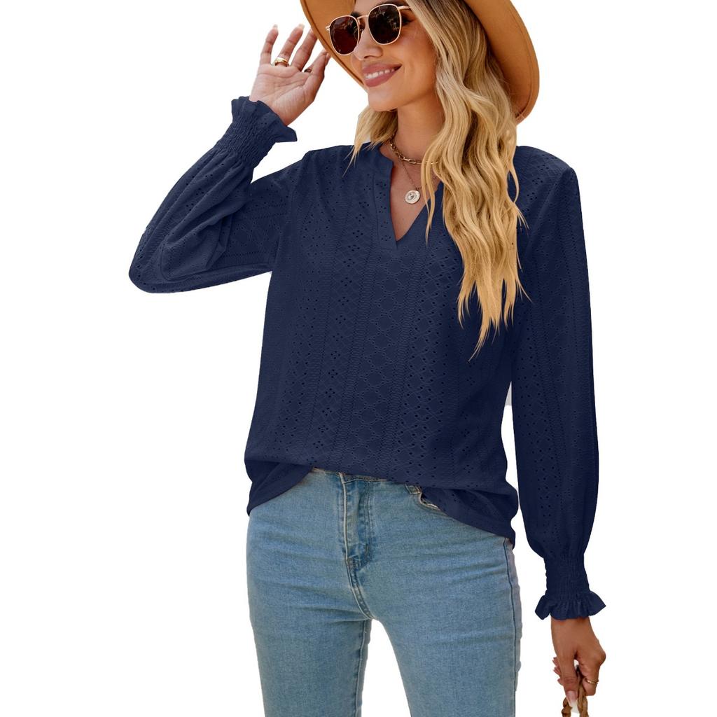 Solid Color Hollow Out Shirred Ruffle Sleeve V Neck Loose Long Sleeve Top for Women European American Crossborder Fashion