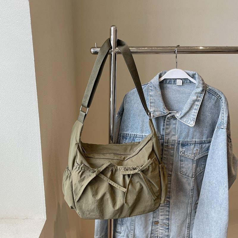 Solid Color Ruched Design Ladies Nyl Cloth Shoulder Bags Large Capacity Female Crossbody Bag Sweet Bow Strap Women's Handbags