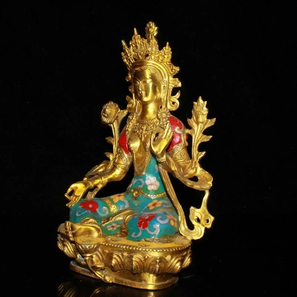 High 21CM Cloisonne Copper Kwan-yin Guanyin Statue Old Brass Statue Offering Table Decor