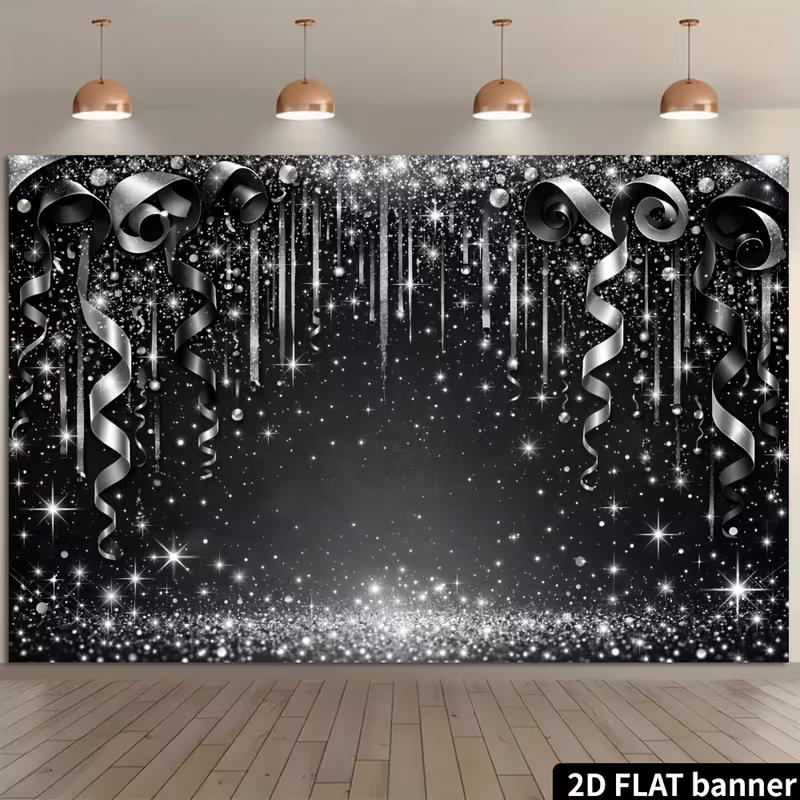 2D Schwarz Silber Glitzerband Hintergrund Neujahr Geburtstagsparty Dekoration Banner