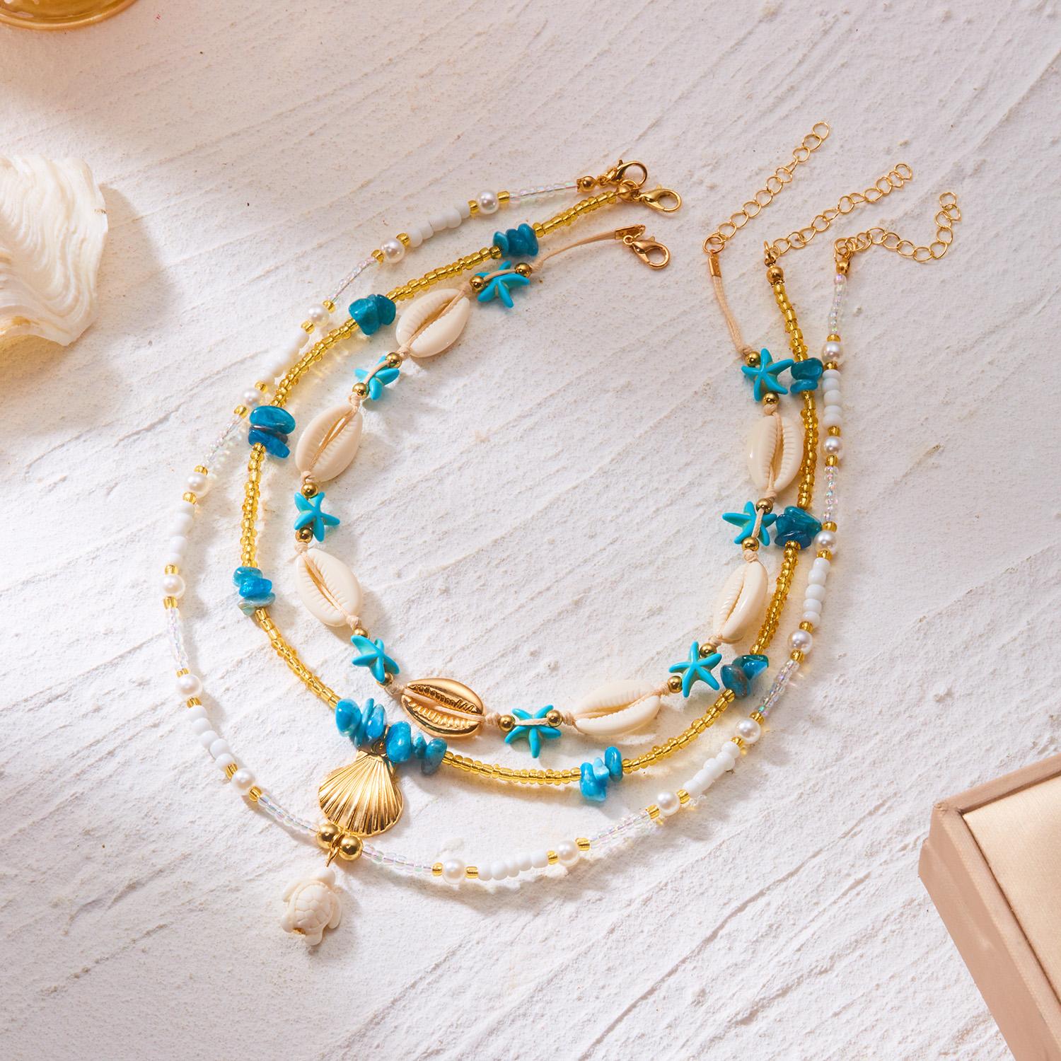 

Dopamine Shell Irregular Stone Rice Beads Layered Necklace for Women Boho Starfish Turtle Clavicle Chain Party Jewelry Gift