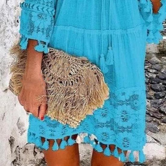 Deep V Neck Mini Dress Solid Color Women Tassel 45720 Sleeve Shift