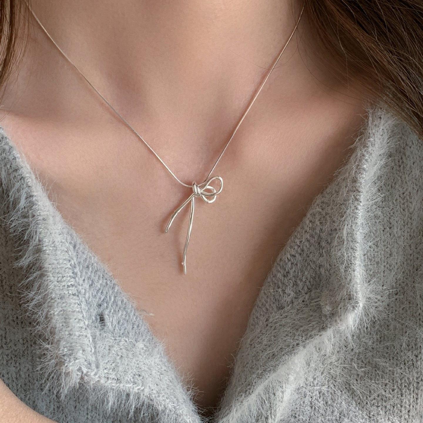 Korean Sweet Geometric Ribbon Bow Necklace for Women