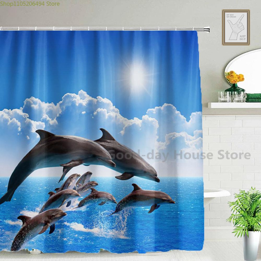 3D Dolphin Bathroom Shower Curtain Waterproof Polyester Fabric Kids Bath Curtain with 12 Hooks Cute Cortinas Washable Home Dec