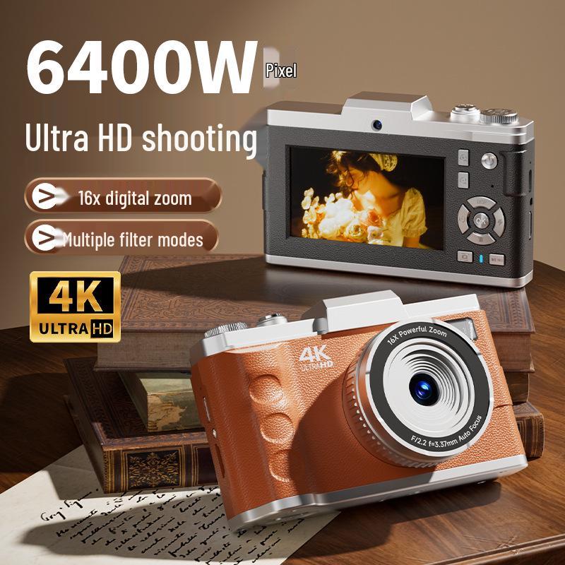 4K HD Retro Digital Camera, 64MP, Dual Lens, 16x Optical Zoom, Ideal for Student Photography