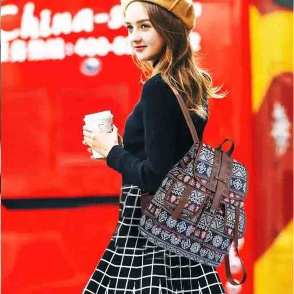 Hippie Canvas Women Backpack Purse- Boho Style Ethnic Drawstring Causal Double Shoulder Vintage Travel Daypack (Landscape), Large