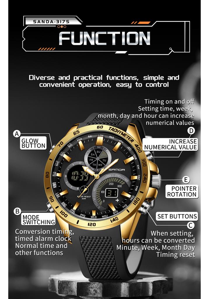 SANDA brand 3175 men's electronic quartz watch steel core black technology multifunctional waterproof men's quartz watchv