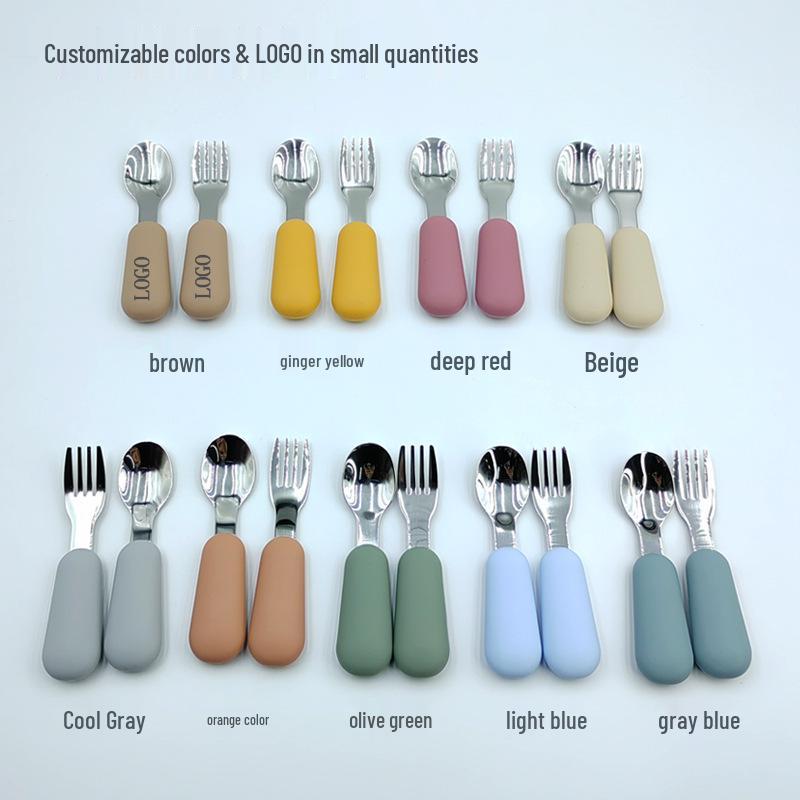 Children's Stainless Steel Spoon & Fork Set with Silicone Handle - Baby Training & Feeding Utensils