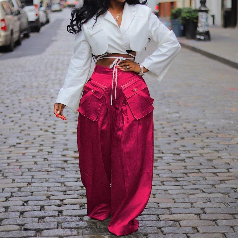 

Весенние и летние женские брюки, модные повседневные брюки, широкие брюки со съемными трехмерными карманами 2XL розы красного