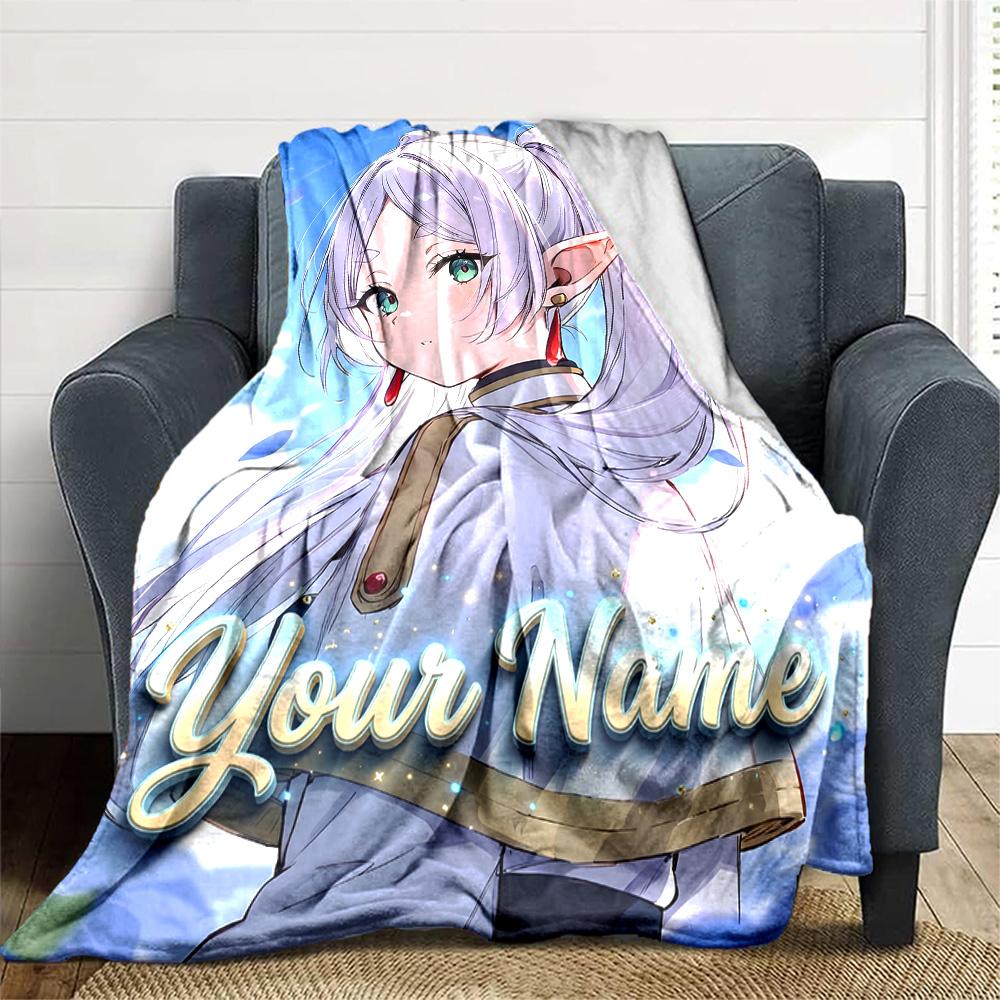 1pc Frieren Blanket with Custom Name, Gift, for Men and Women, Soft Blanket, Good for Sofa Bed Couch Travel, Lightweight Flannel Blanket