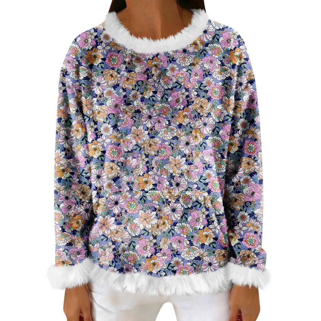 Women's Casual Fleece Sweatshirt  Long-Sleeve Round  Neck Casual Comfortable Loose-Fit Lightweight Women's Flannel Sweatshirt