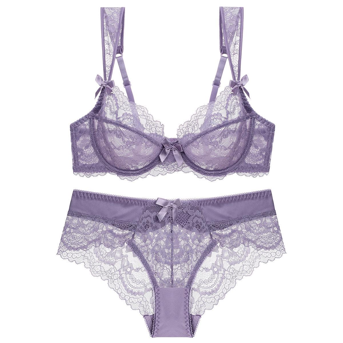 

Французский ультратонкий кружевной комплект нижнего белья: Бюстгальтер большого размера с защитой от провисания для более стройного вида 80A фиолетовый