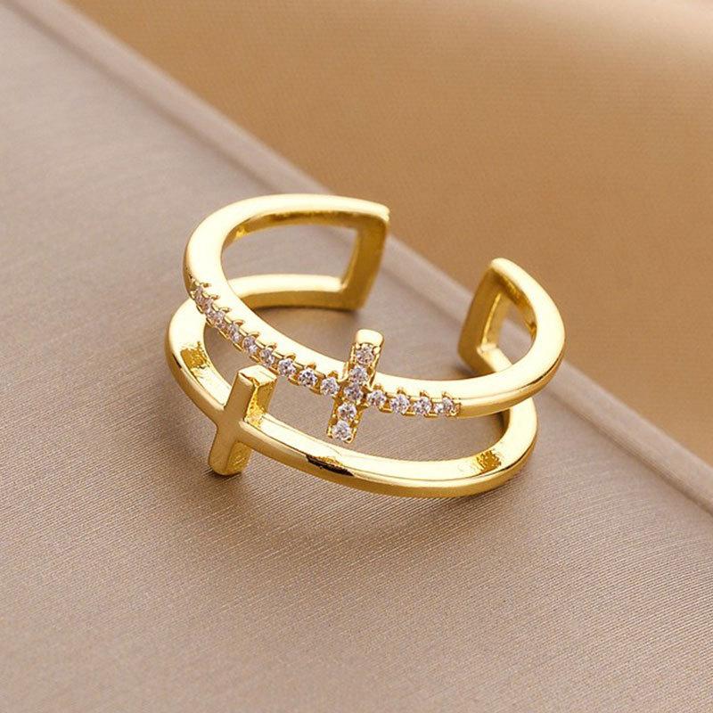 New Seiko Cross Double Layer Ring for Women's Niche Design Ins Cool Style Fashion Versatile Non Fading Open Ring