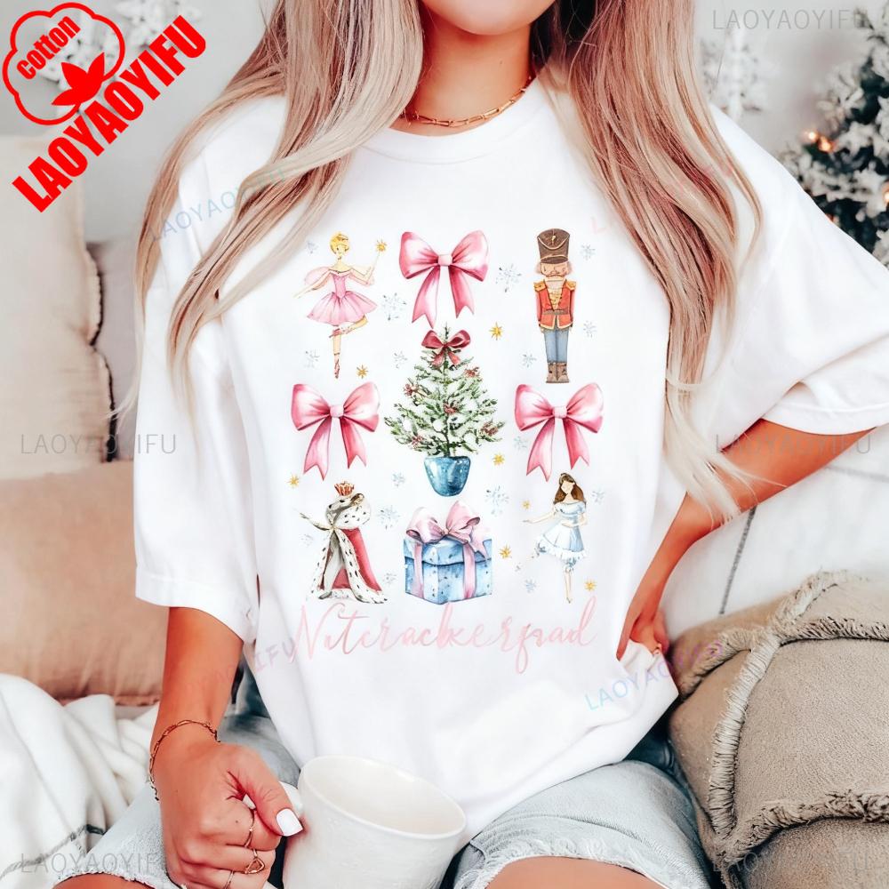 Christmas Nutcracker TShirt Christmas Sweatshirt Nutcracker Ballet TShirt Pretty Pink Bows Shirt Women Crewneck Short Sleeve