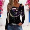 Women Plus Size Asymmetric Cutout Neck Cold Shoulder Long Sleeve Floral Printed Denim Blue Blouse