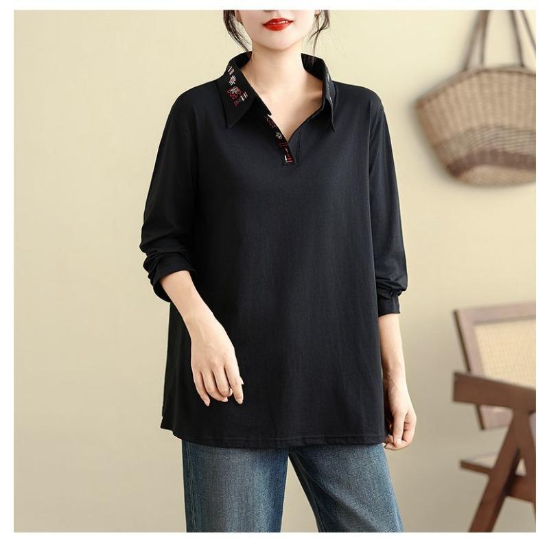 Women's Oversized Polo Shirt Long Sleeve Loose Fit Solid Black Casual Blouse Bottoming Top