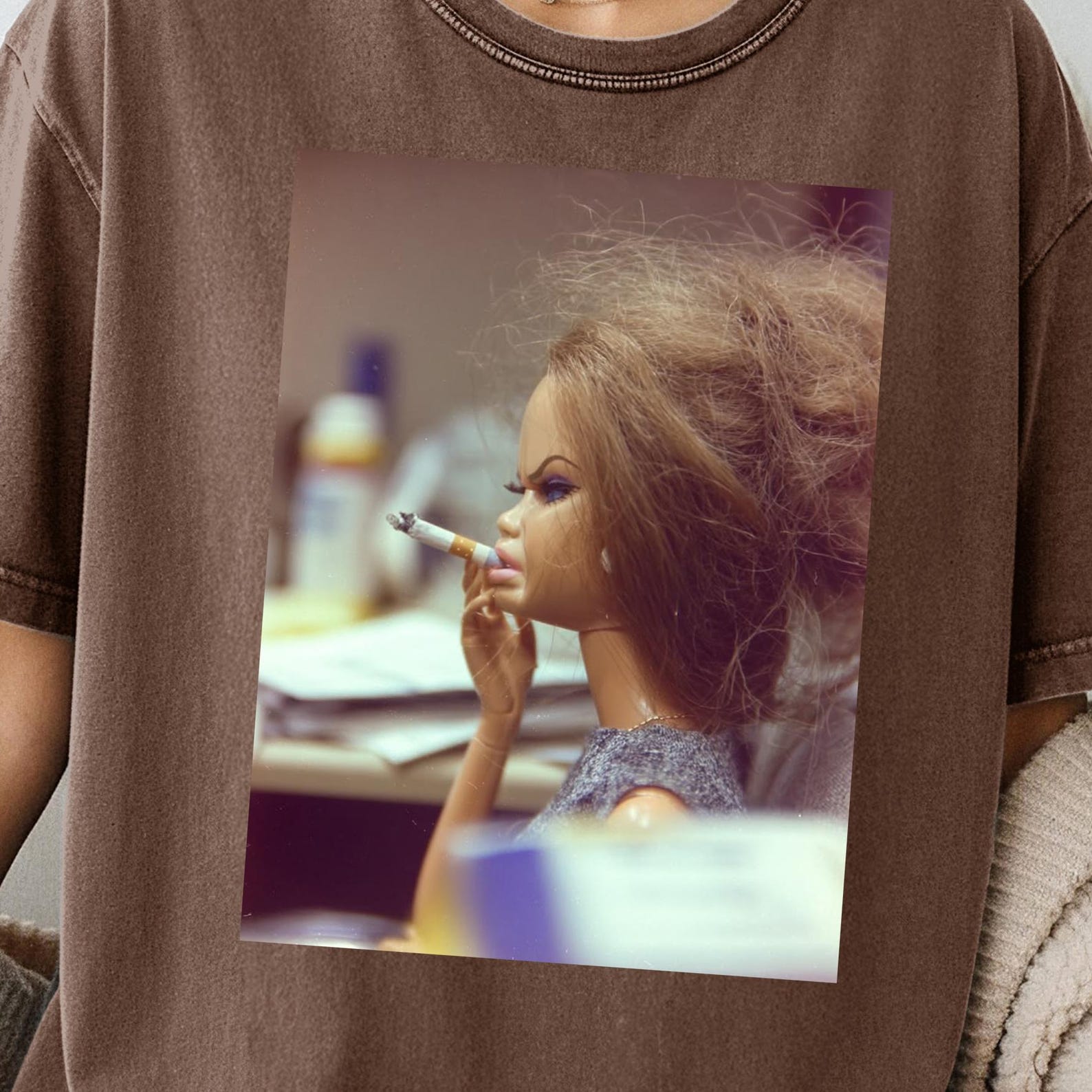 Distressed Smoking Doll Face Meme Graphic Tee,Comfort Colors 1717 Oversized Shirt, Sassy Doll Meme Print, Vintage Sarcastic & Meme Humor Tee XL
