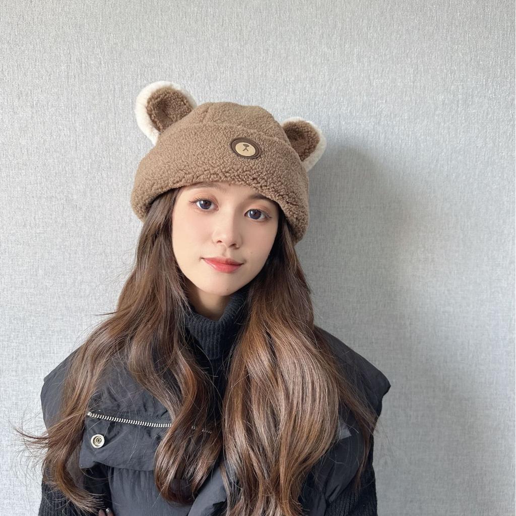 New Autumn and Winter Cute Bear Hat for Women Knitted Versatile Warm Ear Protection Thickened Fashionable Wool Fisherman Hat