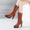Women'S Boots Autumn Winter Fashion High Heel Round Toe Plush Soft Bottom Street Style Mid Calf Soft Leather Boots Office Mom