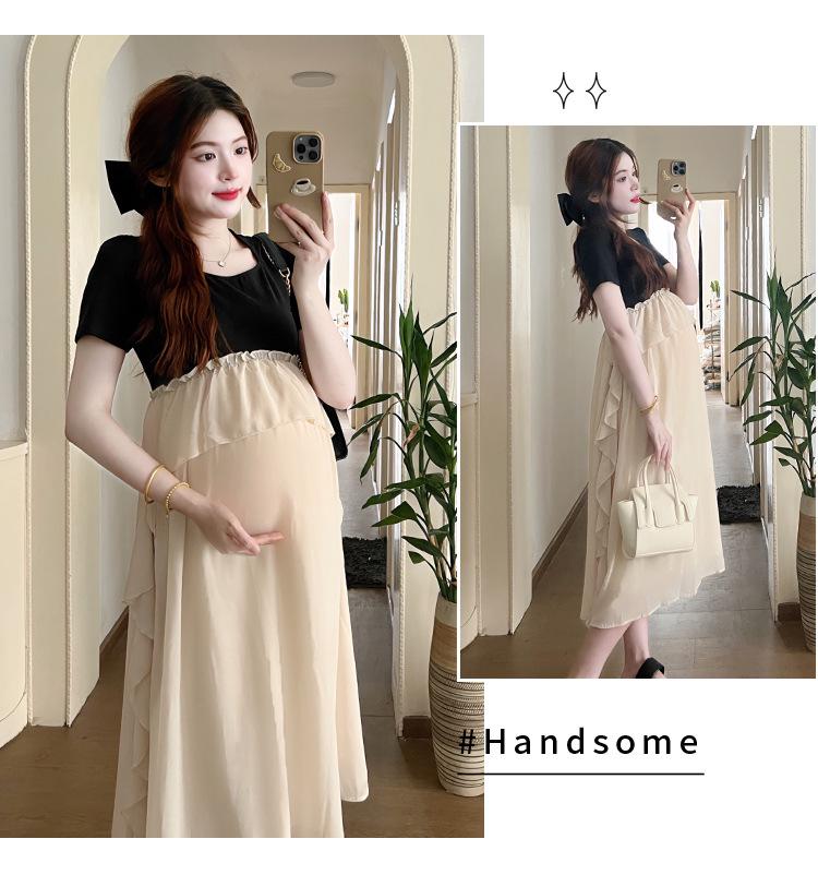 2026 Korean Style Summer Maternity Dress - Sweet, Loose, Patchwork, Fake Two-Piece Design