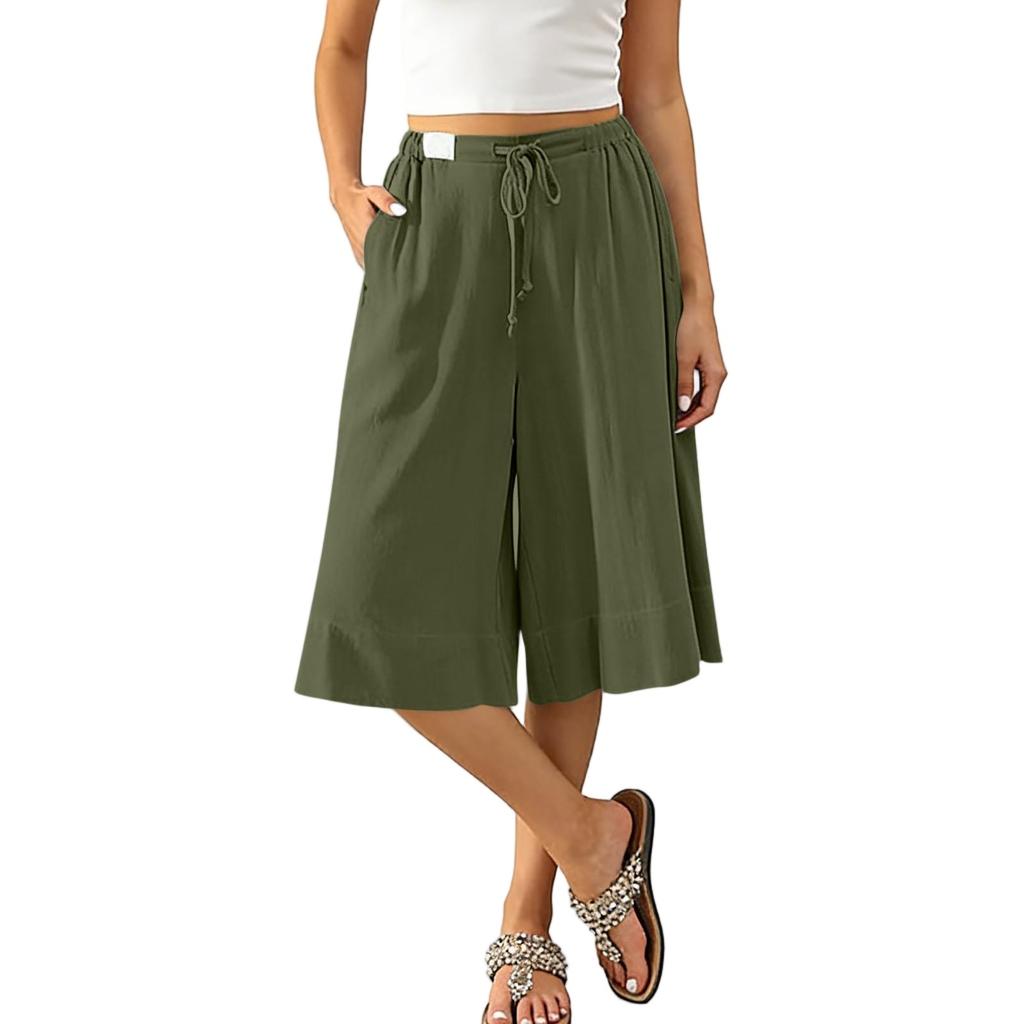 Women’s Wide Leg Culottes Drawstring Waist Loose Fit Pleated Midi Skirt Pants Soft Lightweight Fabric