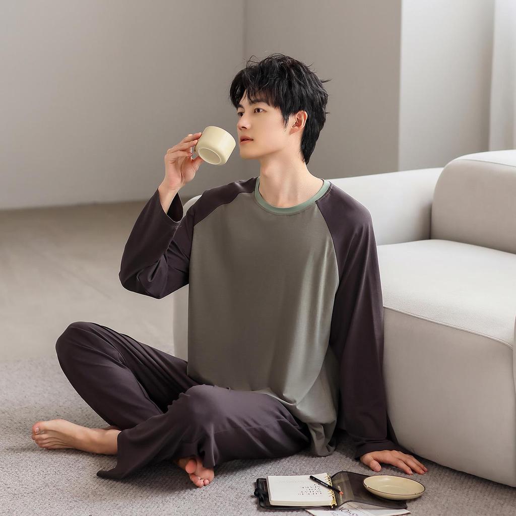 Men's Color Block Modal Pajama Set - Long Sleeve Round Neck for Stylish Spring and Autumn Wear