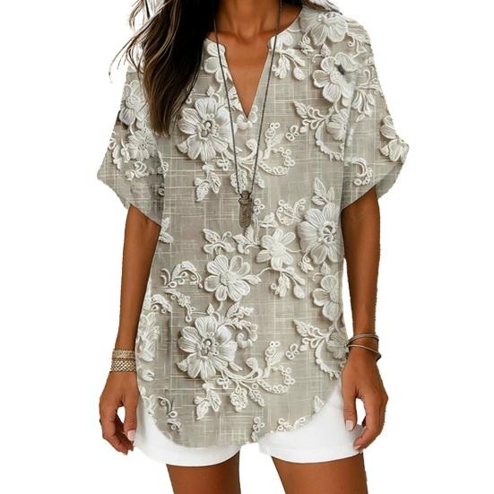 

Women Shirt V-Neck Short Sleeve Loose Fit Pullover Tops 3D Printed Pattern Summer Casual Blouse Daily Wear S B