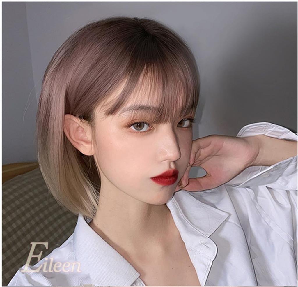 Eileen Bob Brown x Beige Parykk Naturlig Fluffy Parykk Rett Liten Ansiktseffekt Nett Inkludert Dame