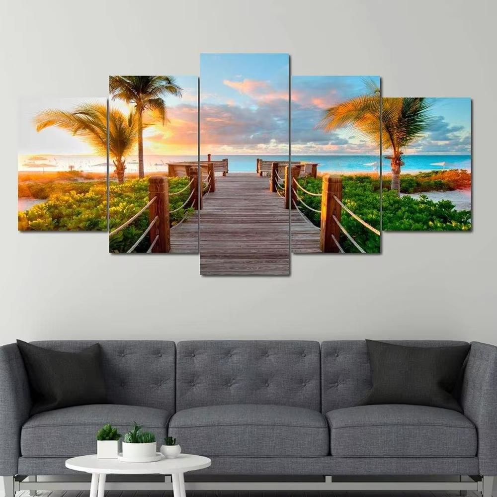 Beautiful Bali Ocean Sea Blue Tropical Palm Tree Canvas Painting Beach Clouds Posters 5 Piece Wall Art for Living Room Decor