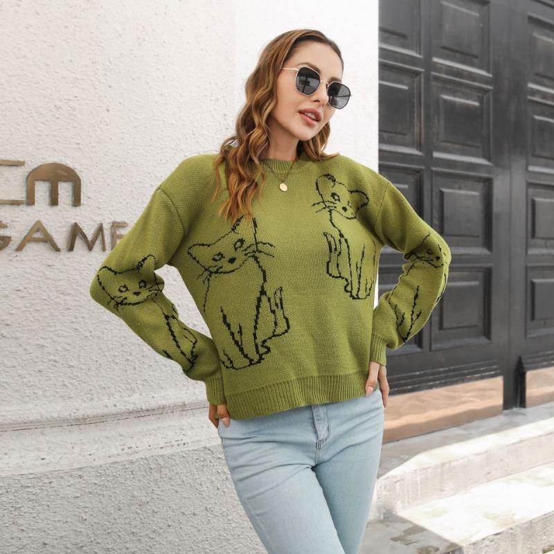 Жаккардовый свитер Cat, женский свободный трикотаж с длинным рукавом на осень и зиму S армия зеленый