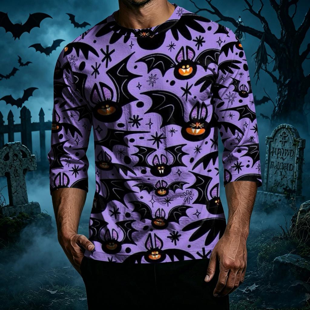 Men's Casual Halloween Print Crew Neck T-Shirt Three Quarter Sleeve Relaxed Fit Lightweight Cotton Blend Top for Everyday Wear