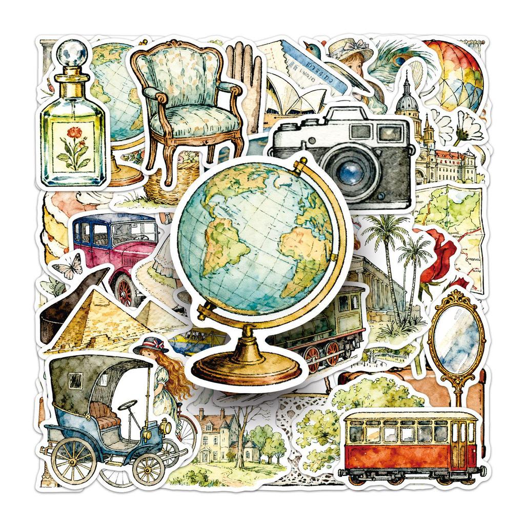50-Sheet Set: Retro Travel Girl Stickers - Mori Style Art, Landscapes, Headphones, Teacups, Suitcases, Journals