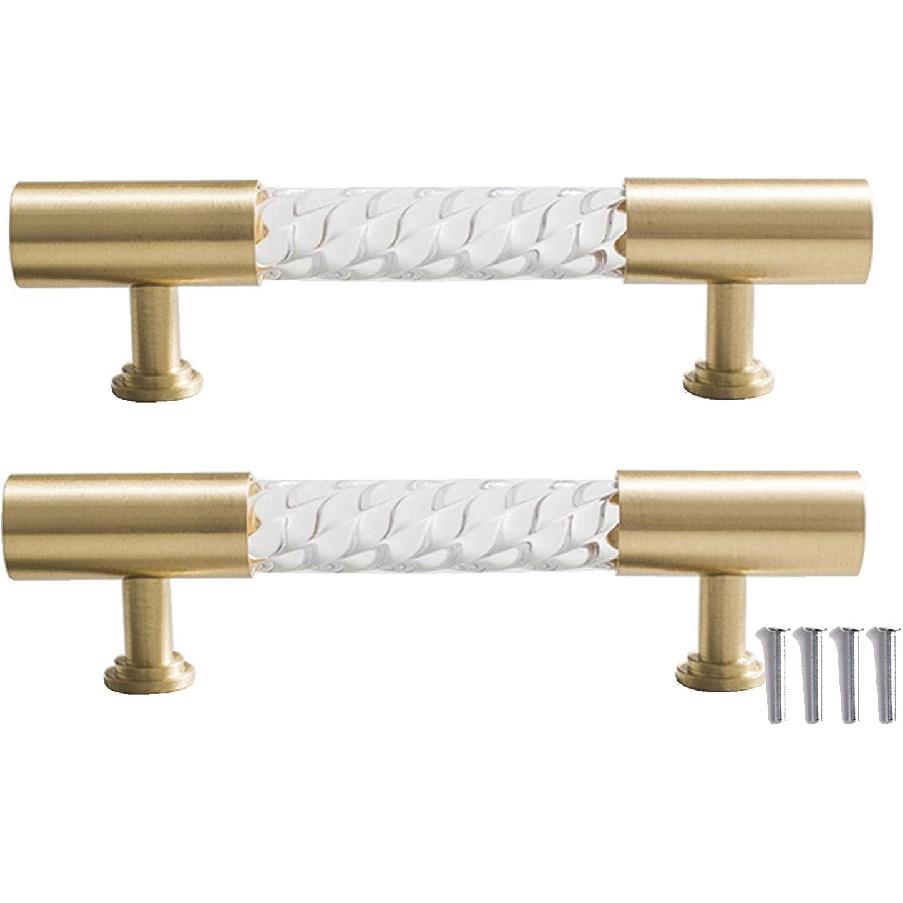 2 Pcs Gold Cabinet Pulls Cabinet Knobs, Transparent Acrylic Brass Cabinet Knobs, T Bar Handle Kitchen Door Cabinet Drawer Dresser Pull HandlesHole