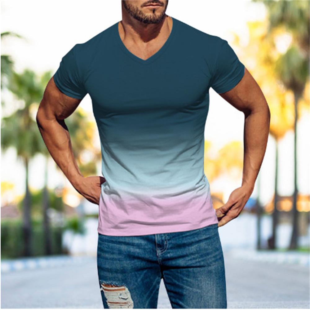 Letní móda Ležérní Muži Top Gradient 3D digitální potištěné Pánské tričko s krátkým rukávem a výstřihem do V Cool Streetwear Oversized topy