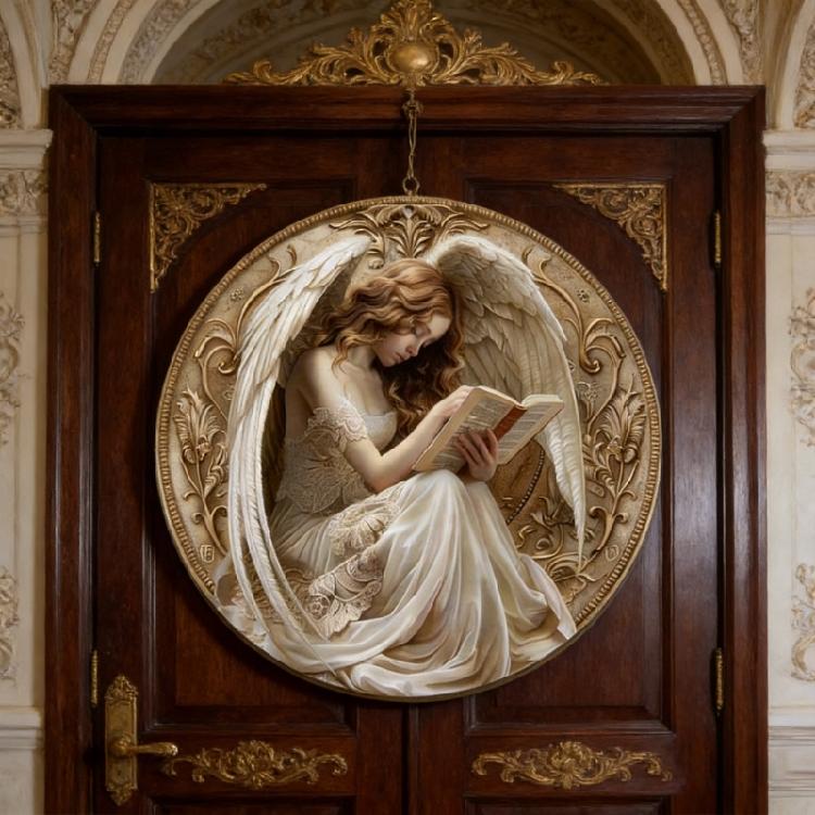 Angel Reading Book Theme Wooden Hanging Sign Front Door Round Plaque For Home Holiday Garden Party Decoration Ornament