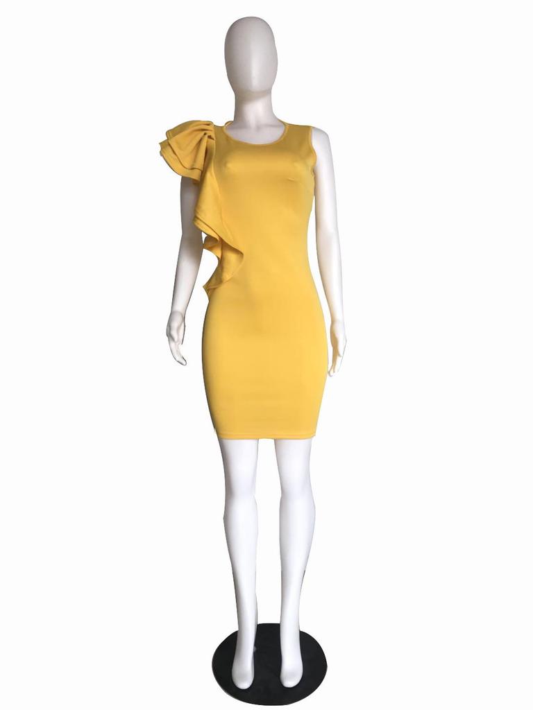 Ruffle Hem Bodycon Pencil Dress, European and American Mid-Length Style, Women's. Belt Not Included.